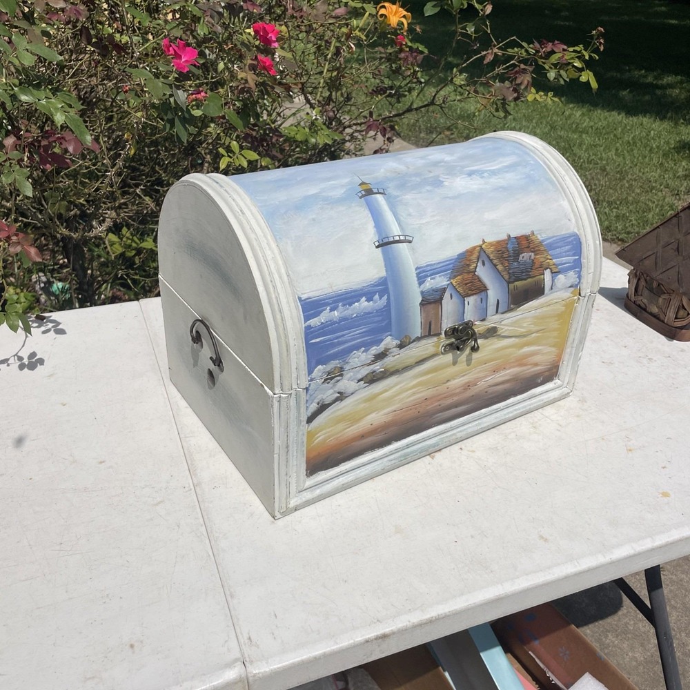Vintage Wooden Dome Shaped Storage Box Original Old Hand Crafted Painted